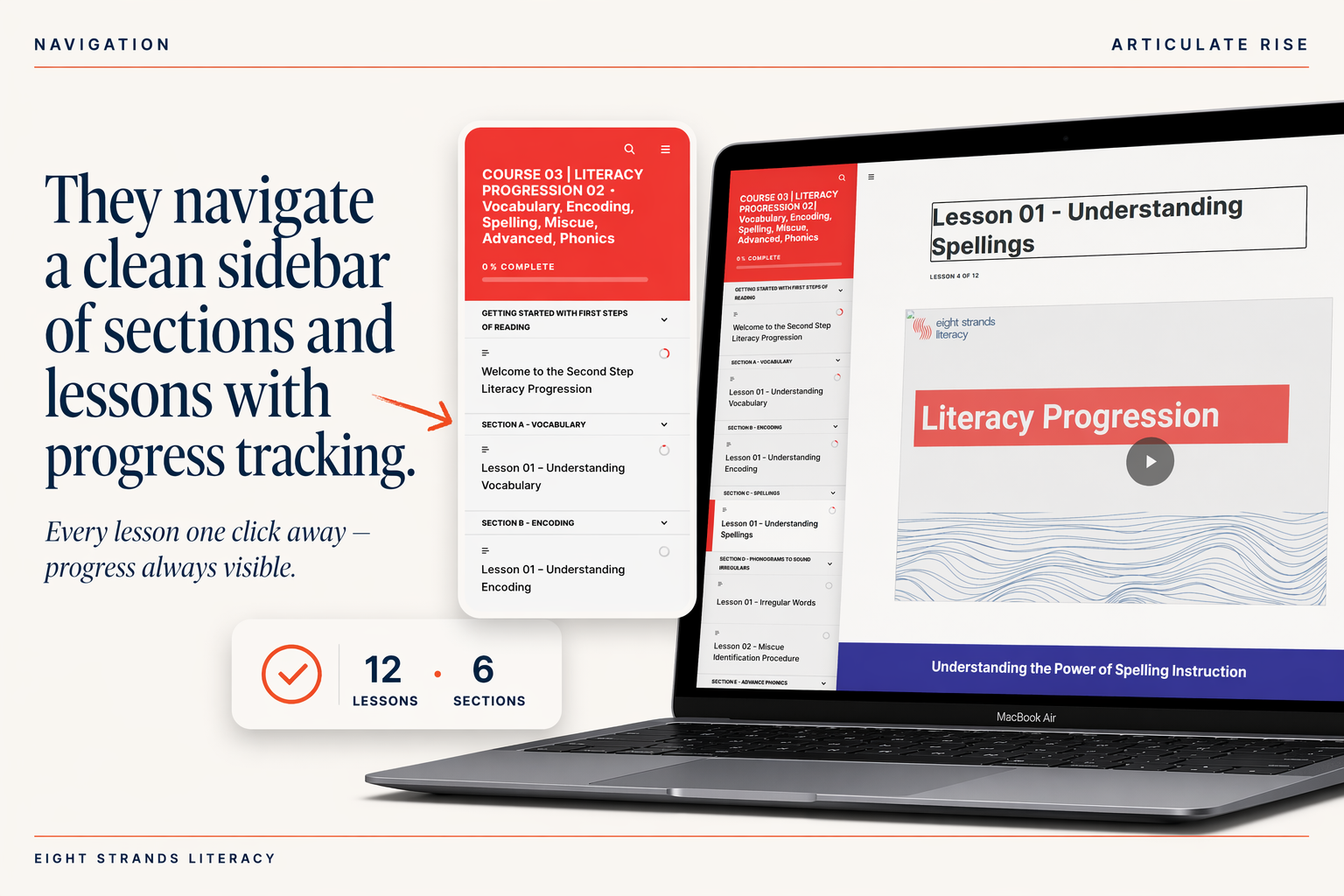 They navigate a clean sidebar of sections and lessons with progress tracking.