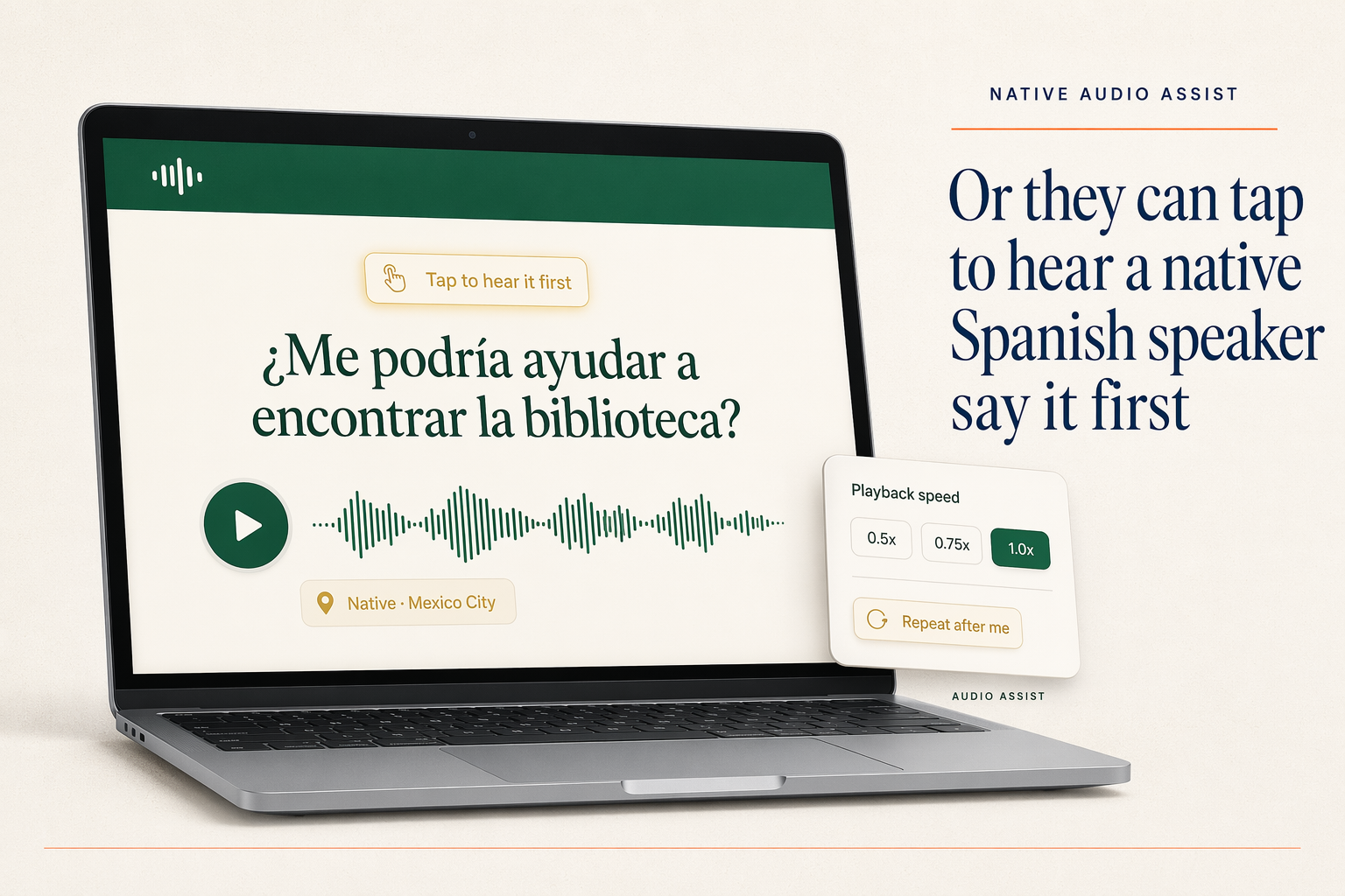 Or they tap to hear a native speaker say the phrase first, with the audio waveform visualised.
