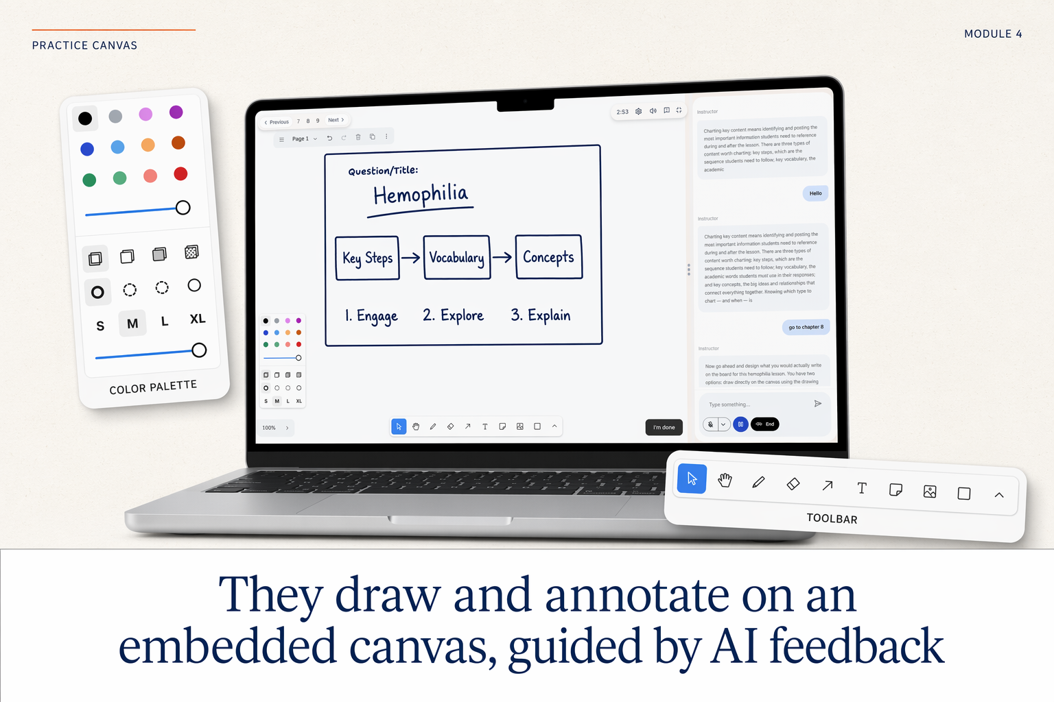They draw and annotate on an embedded canvas, guided by AI feedback.