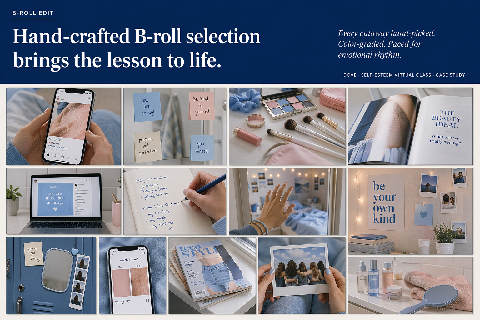 Hand-crafted B-roll on theme with the subject brings the lesson to life.