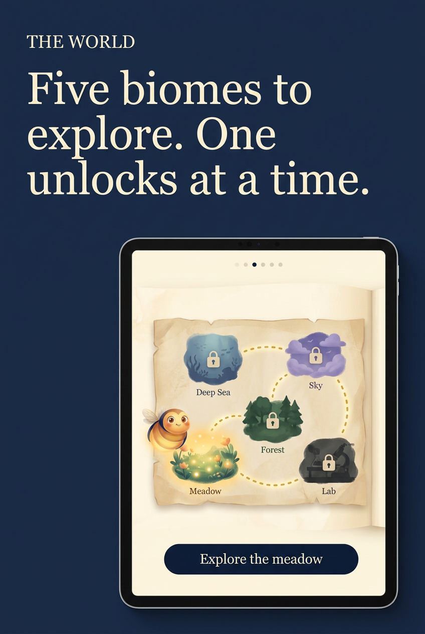 Five biomes to explore. One unlocks at a time.
