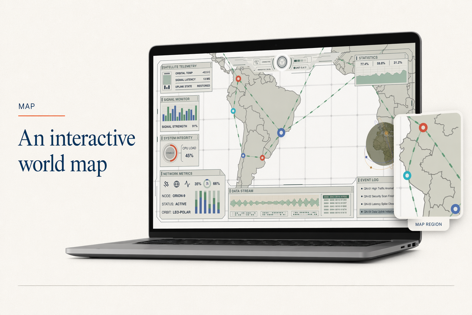 An interactive world map at the core of the dashboard.