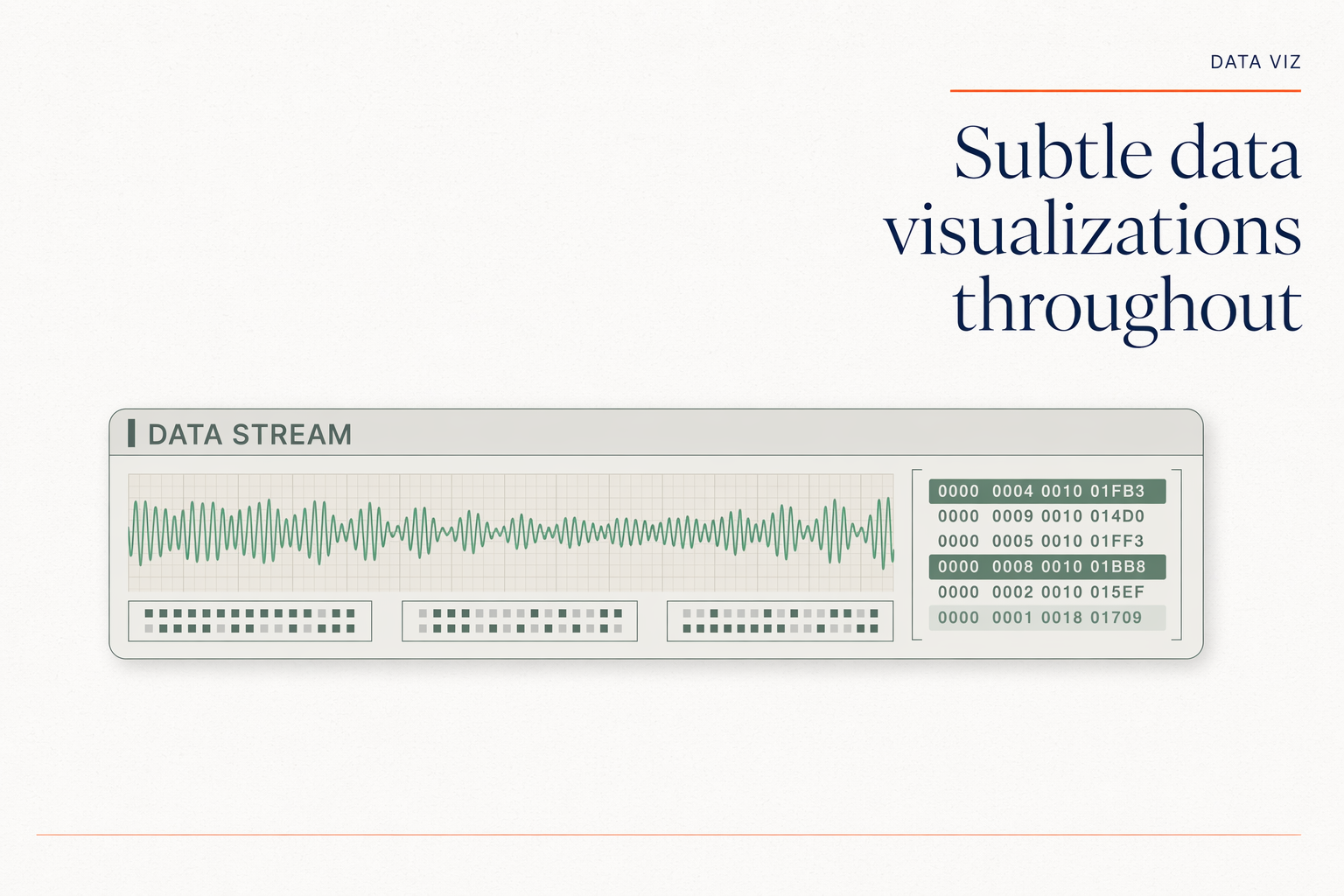 Subtle data visualizations throughout, including a data-stream waveform.